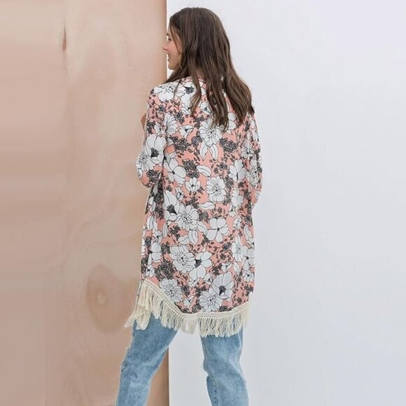 Choies Kimono Pink White Floral Fringe Tops Boho Jacket Cardigan Spring Top - Picture 2 of 6